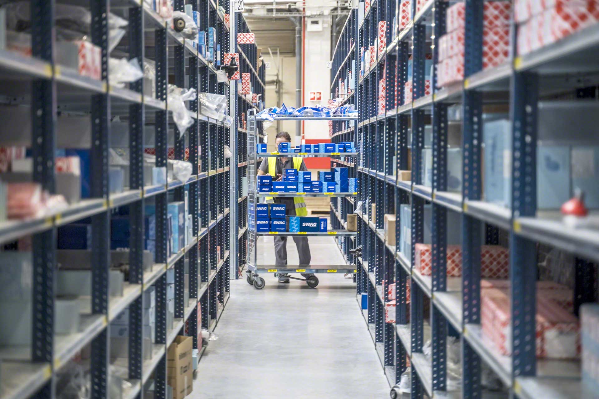 Das Prinzip Mann zur Ware macht es nötig, dass der Bediener durch das Lager läuft und die Produkte einsammelt, aus denen die einzelnen Aufträge bestehen Das Prinzip Mann zur Ware macht es nötig, dass der Bediener durch das Lager läuft und die Produkte einsammelt, aus denen die einzelnen Aufträge bestehen