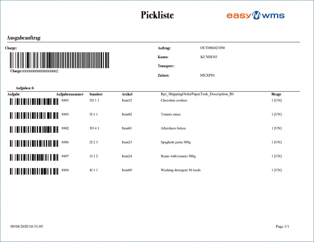 Beispiel für einen vom Lagerverwaltungssystem Easy WMS erstellten Kommissionierauftrag