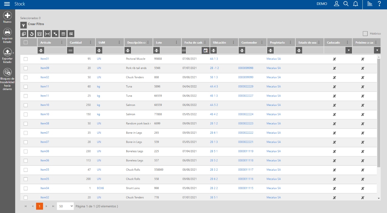 Captura de pantalla de Easy WMS con el listado del stock disponible en el almacén 