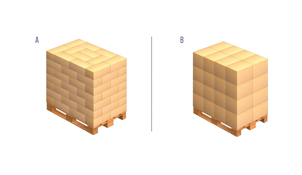Es gibt verschiedene Möglichkeiten, Kisten auf einer Palette zu stapeln