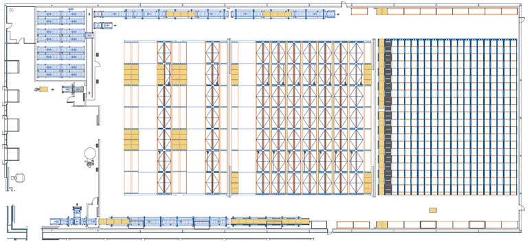 Layout eines Lagers mit einem kombinierten Lagersystem.