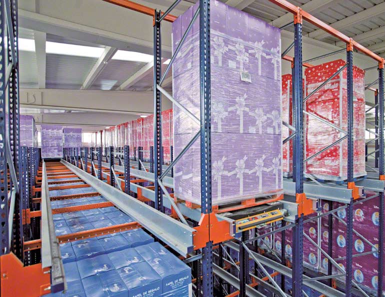Pallet-Shuttle-System, welches bei einem Unternehmen installiert ist, das Dekorpapier für Verpackungszwecke herstellt.