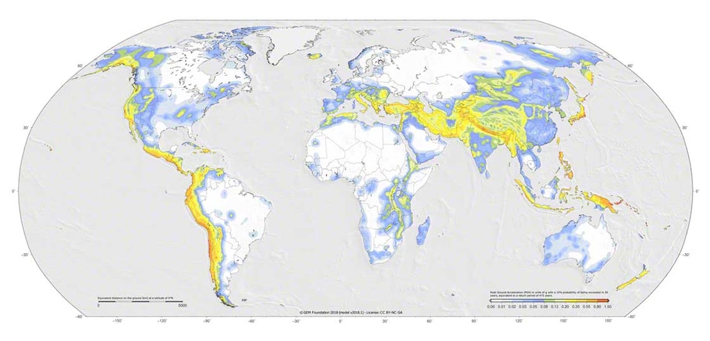 Regionen der Erde mit einer größeren Erdbebenwahrscheinlichkeit. Quelle: Global Earthquake Model