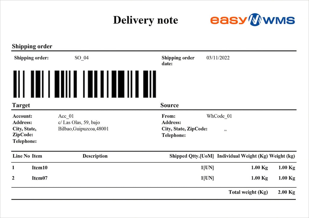 Beispiel eines vom Lagerverwaltungssystem Easy WMS von Mecalux erstellten digitalen Lieferscheins