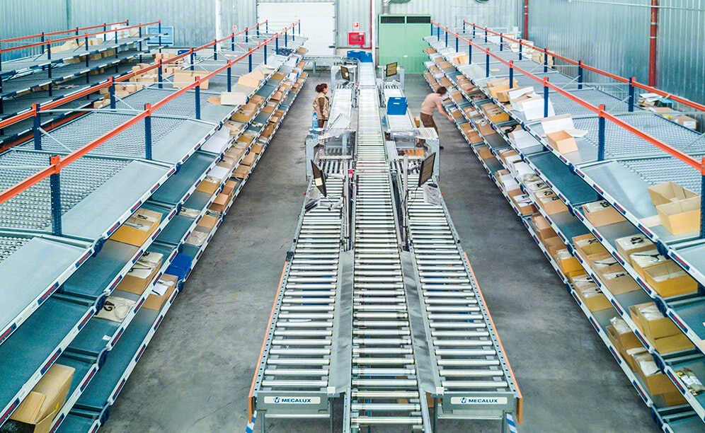 Mecalux hat eine der Hallen des Lieferzentrums für Beschaffungsmaterial mit Stückgut-Durchlaufregalen zur Kommissionierung und einem Förderkreislauf ausgestattet