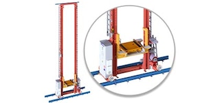 Das Regalbediengerät bewegt sich auf der Vertikalen und Horizontalen des Arbeitsgangs