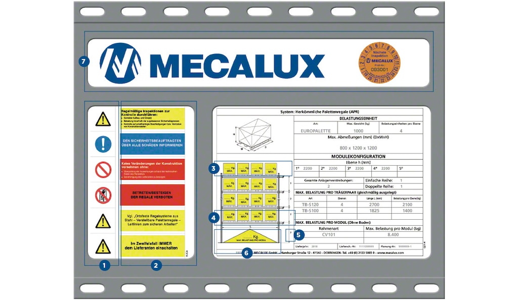 Beispiel eines Belastungsschilds für Regale von Mecalux