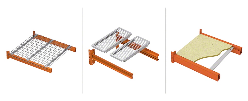 Längsträger mit Gitterfachboden (links), Metallfachboden (Mitte) und Holzfachboden (rechts)