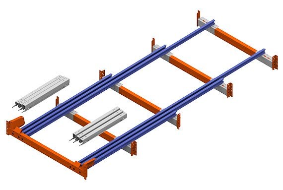 Die Version für vier Paletten besteht aus sechs Schienen und sechs Wagen