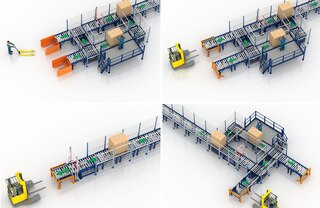 In das Fördersystem kann eine ergonomische Arbeitsstation für die Kommissionierung aus den Paletten integriert werden