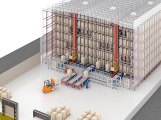 In Hochregallagern in Silobauweise können automatische Kompaktlagersysteme, wie das Pallet Shuttle mit Regalbediengeräten integriert werden