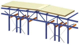 Das Fachwerk der Dachunterkonstruktion, das auf den selbsttragenden Regalen aufliegt, dient als Befestigung der Dachelemente