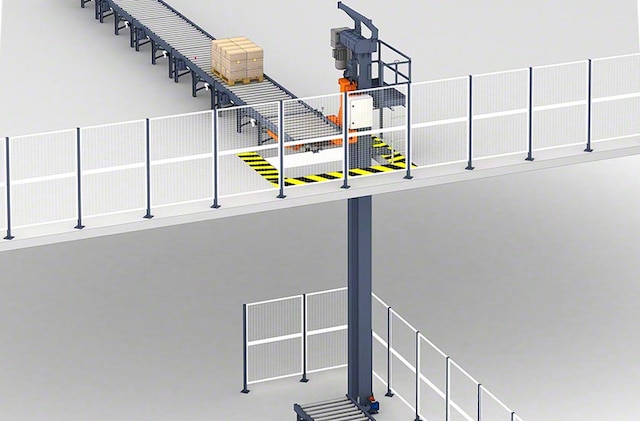 Vertikalförderer für Paletten gewährleisten den Palettentransport zwischen verschiedenen Ebenen Vertikalförderer für Paletten gewährleisten den Palettentransport zwischen verschiedenen Ebenen